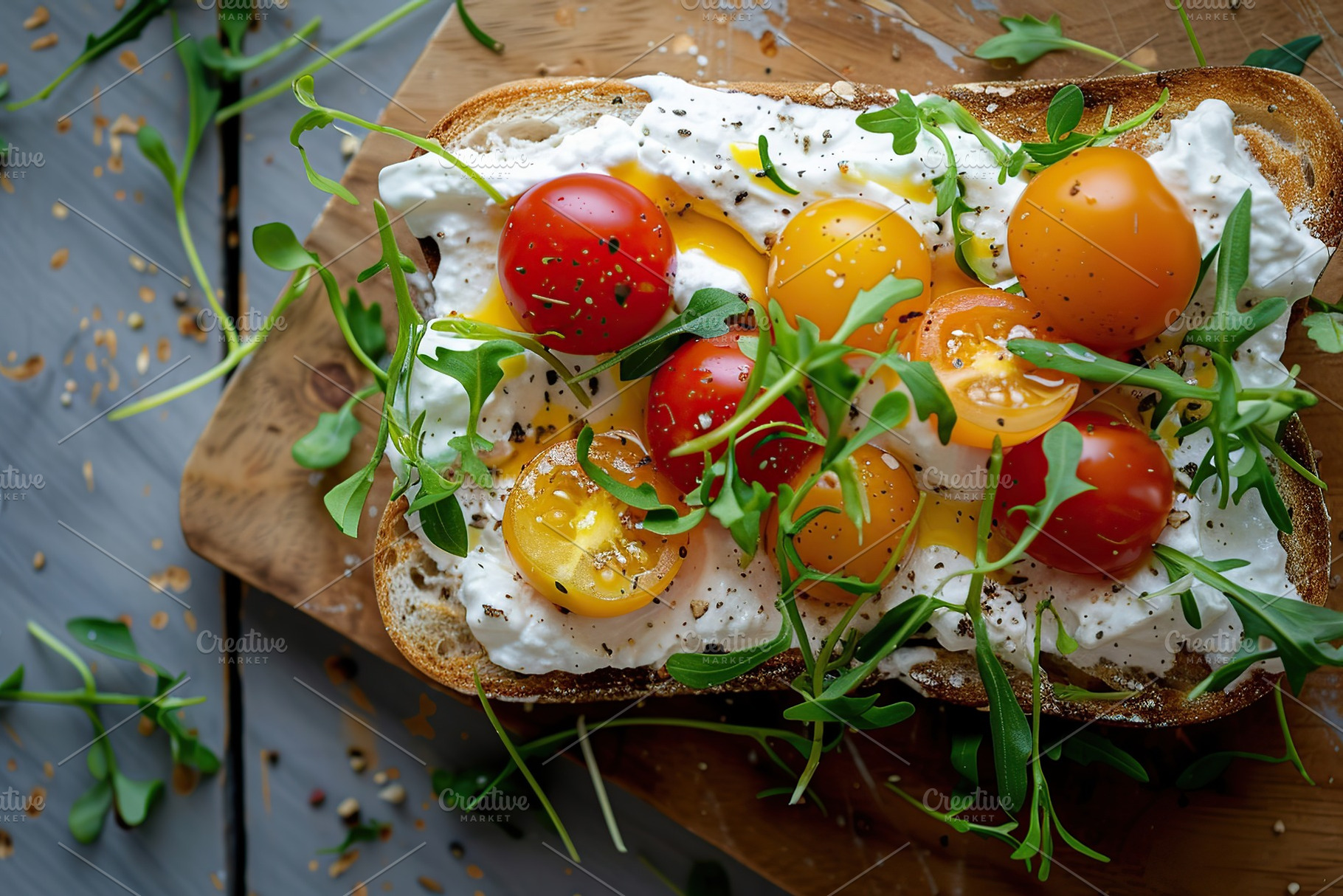 Sandwich with cream cheese, microgreens and tomatoes on wooden table, a Food & Drink Photo by AlyaAnd