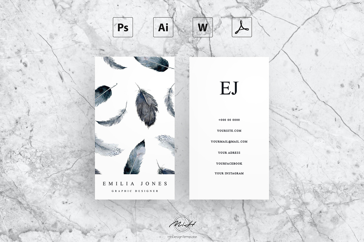 Watercolor feather business card, a Card Template by MH Design Template (Photo 1 of 6)