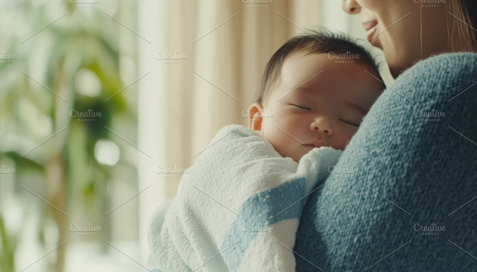 Newborn asian baby sleeping in mothers arms, intimate family mom, a Photo by Dvoevnore photos