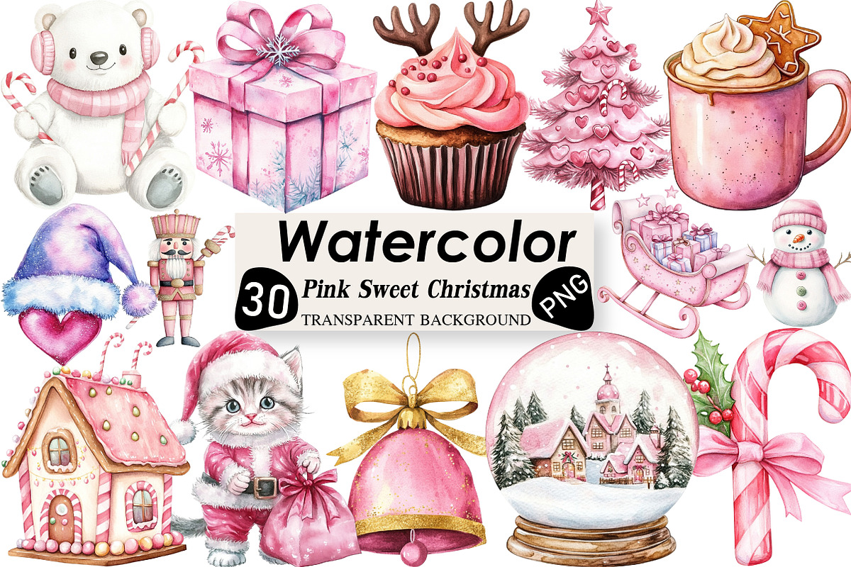 Pink Sweet Cute Christmas Clipart, an Illustration by Black Bird Studio (Photo 1 of 6)