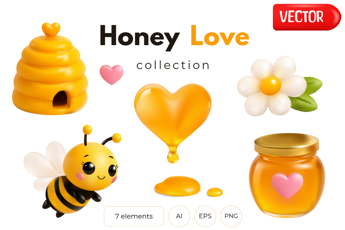 3D Honey Vector Elements, an Object Illustration by Bielousova Art (Photo 1 of 3)