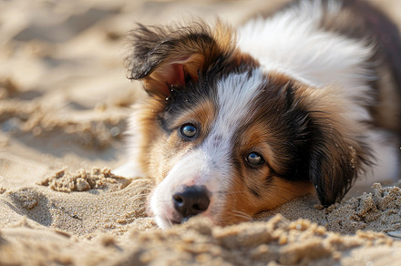 Adorable Tri-Colored Aussie Puppy Relaxes on Sandy Beach - Gener, an Animal Photo by José Manuel Gelpi