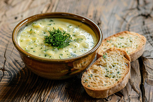 Zucchini cream soup puree in bowl and bread on wooden background, a Food & Drink Photo by AlyaAnd
