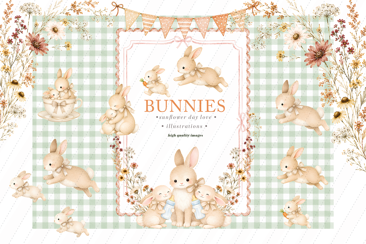 Cute Bunny Bundle Gingham Clipart, an Animal Illustration by Sunflower Day Love (Photo 1 of 4)