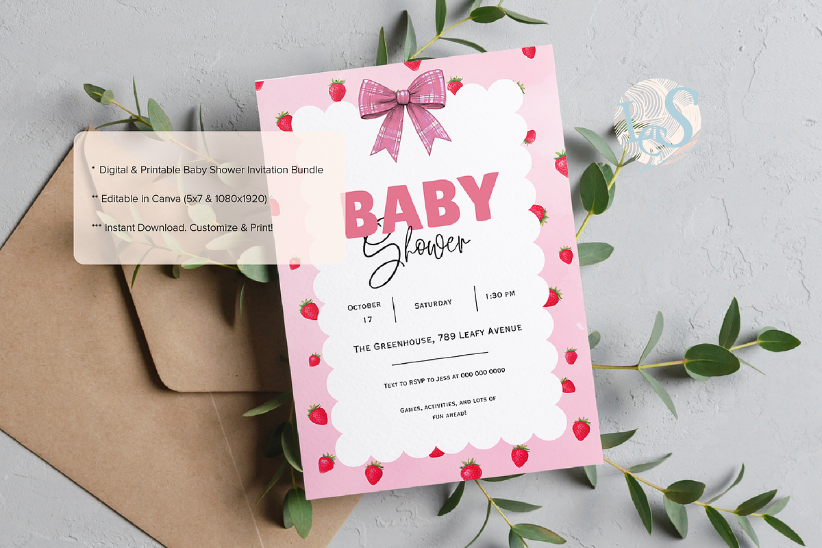 Strawberry Baby Shower Invitation, an Invitation Template by Little Creative Scribbles (Photo 5 of 5)