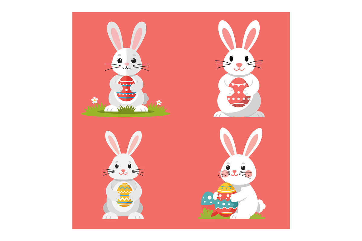 Four adorable bunnies holding colorf, an Illustration by designvectx