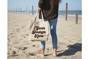 Natural Tote Bag Mockup, Beach Mock, a Merchandise Mockup by OniriqveDesigns (Thumbnail 1 of 3)