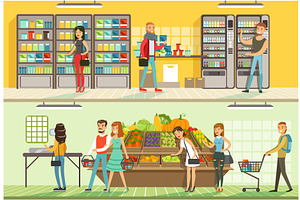 People Shopping in Supermarket Set, a Food Illustration by TopVectors