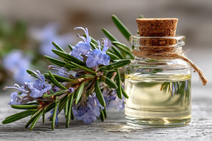 Rosemary essential oil in a glass bo, a Photo by Pixeness Studio