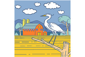 Great Blue Heron with Farm Barn Line, a Decorative Illustration by patrimonio