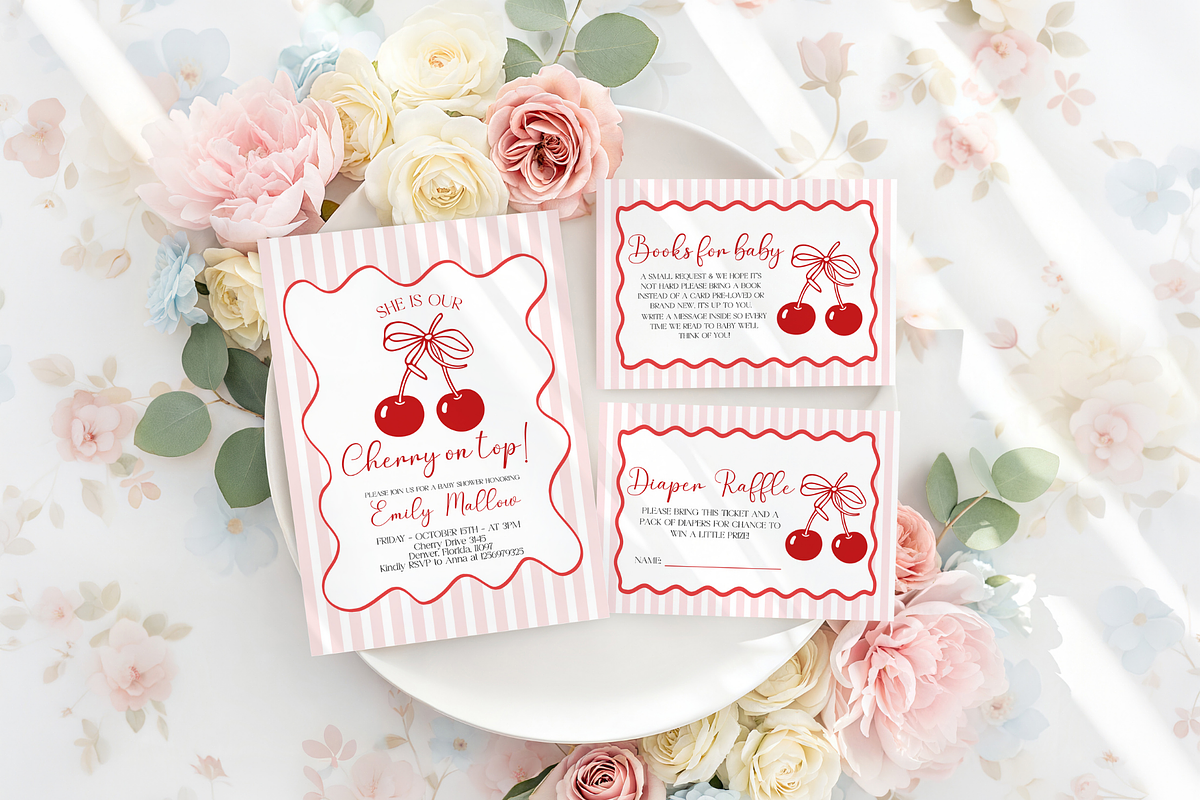 Cherry On Top Baby Shower Bundle, a Stationery Template by VeliusCreativeStudio (Photo 8 of 8)