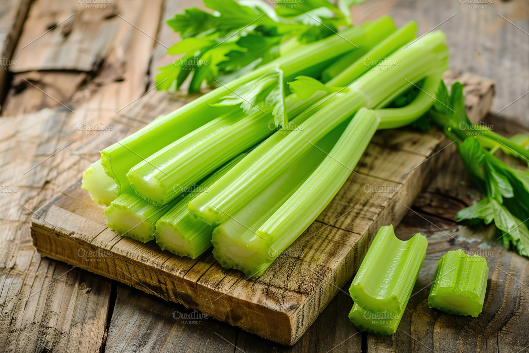 Green fresh celery sticks on wooden table, a Food & Drink Photo by AlyaAnd