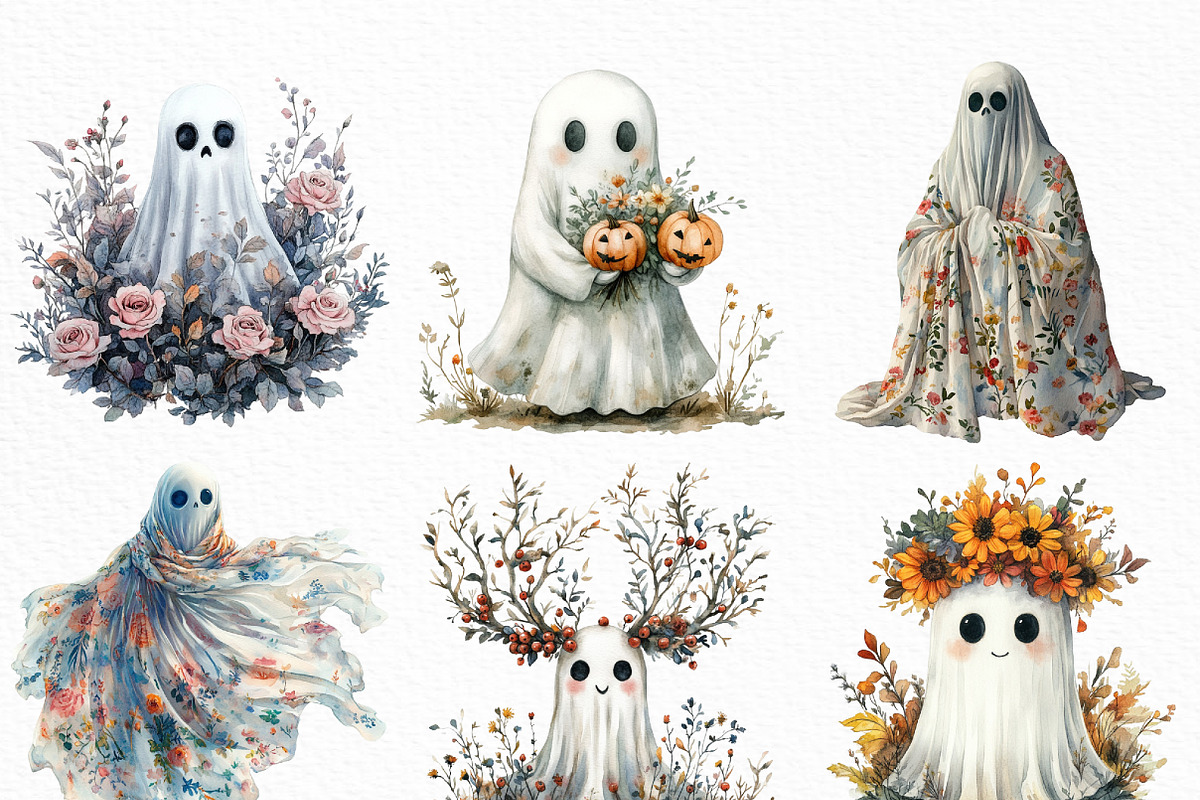 Halloween Floral Ghost Clipart, an Illustration by Craft Nest (Photo 4 of 6)