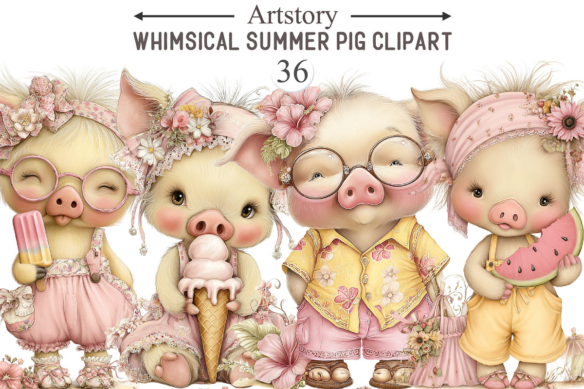 Whimsical Summer Pig Clipart, an Illustration by designcity5 (Photo 1 of 5)
