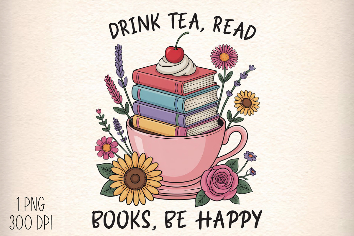 Drink Tea Read Books Be Happy Png, an Illustration by Daily.Designs (Photo 1 of 5)