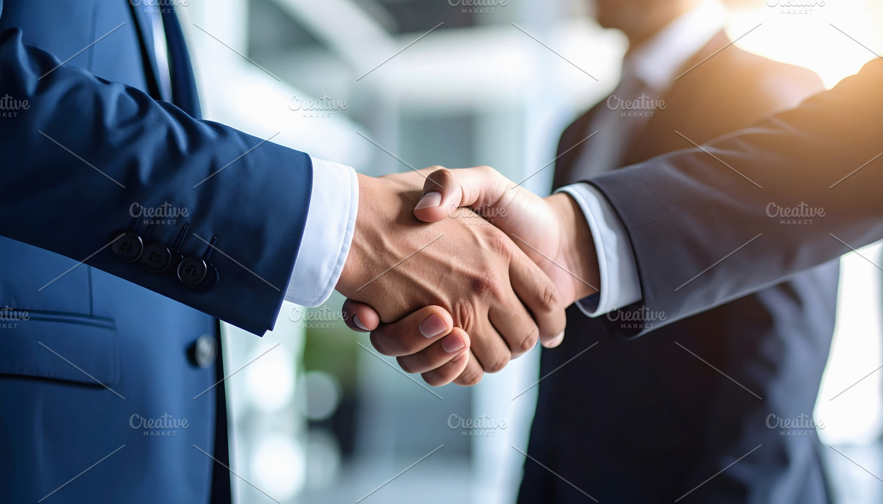 Businessmen handshake under bright light symbolizing trust and s, a Business Photo by GoodGoods
