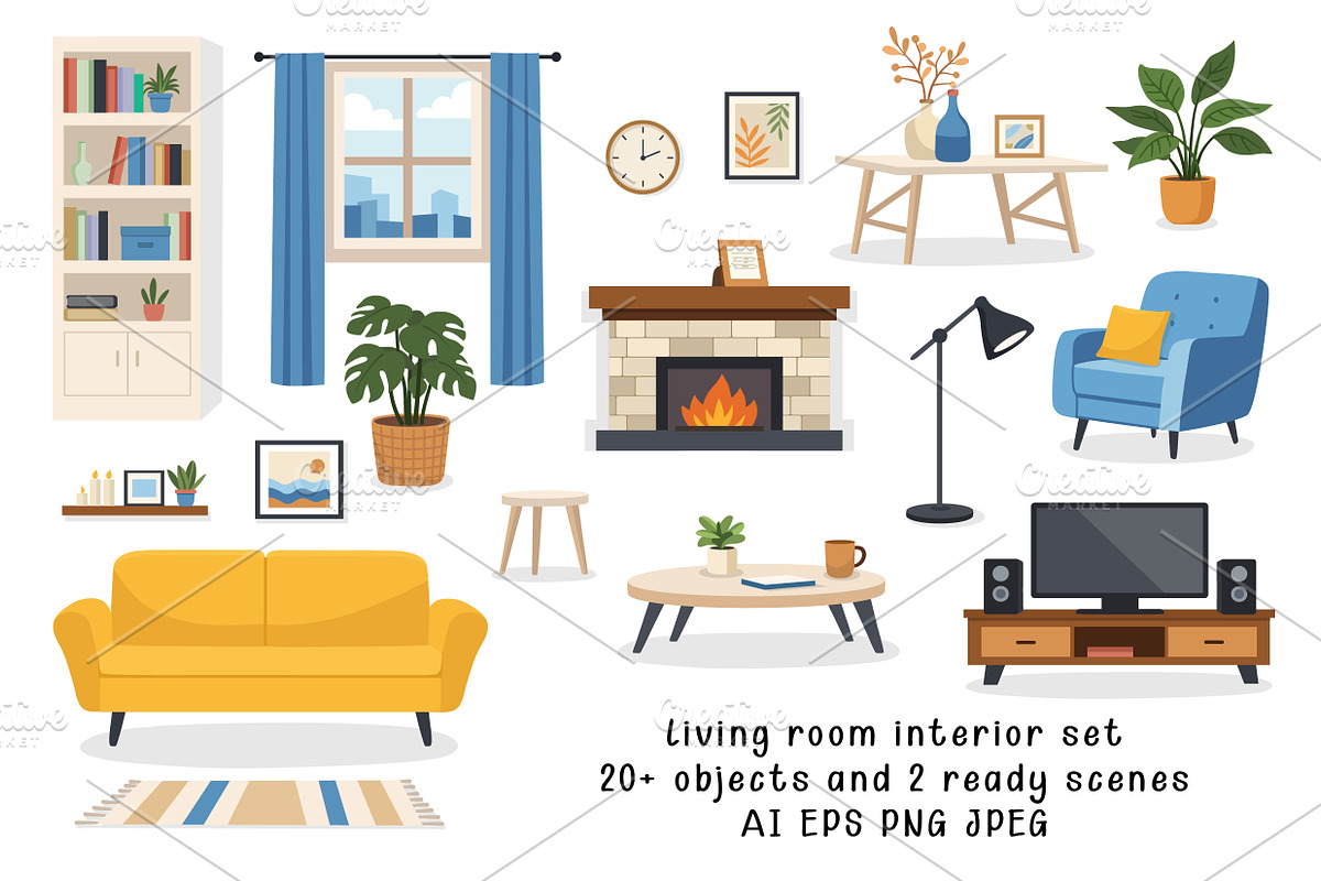 Living Room Interior Set, an Object Illustration by Olena Halahan (Photo 1 of 3)