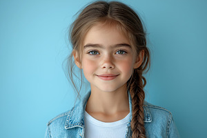 Smiling girl with long brown hair and blue eyes, wearing a denim jacket against, a Person Photo by ImageMir