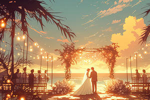 Bride and groom exchange vows at sunset beach ceremony, an Illustration by AS photostudio