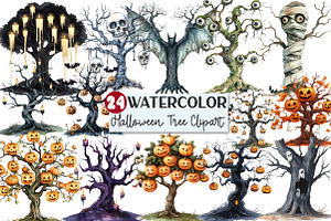 Watercolor Halloween Tree Clipart, an Illustration by Rose Art
