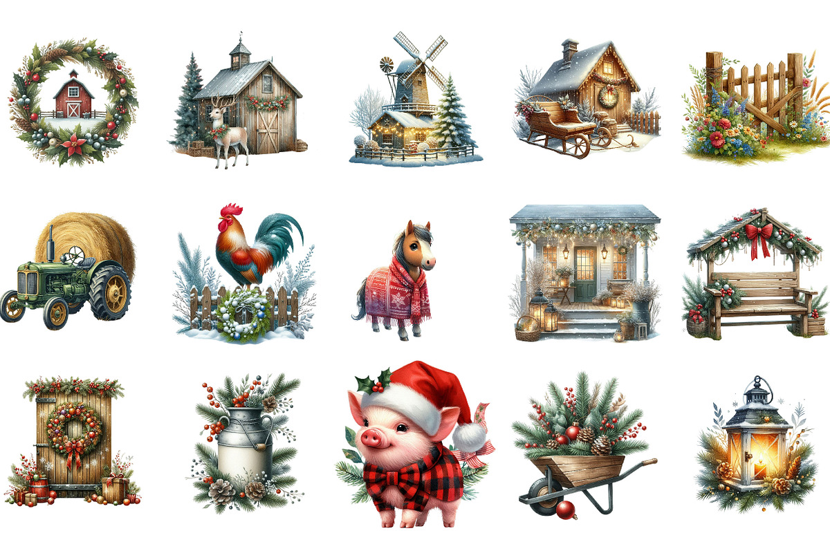 Christmas Farm Watercolor Clipart, an Illustration by Designking (Photo 3 of 5)
