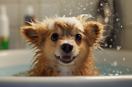 Dog taking a bath with shampoo. Generative AI, an Animal Photo by AlyaAnd