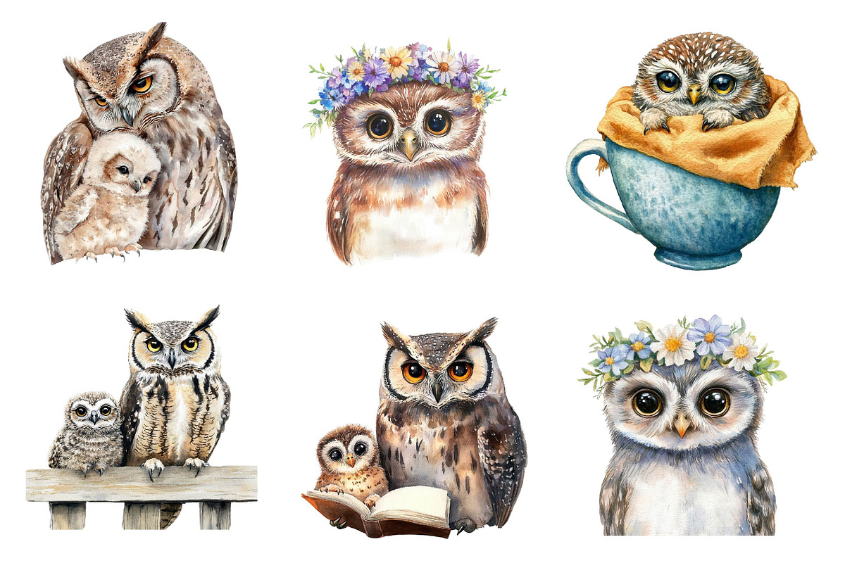 Watercolor Owl & Owlet Clipart, an Illustration by CreationArt (Photo 5 of 5)