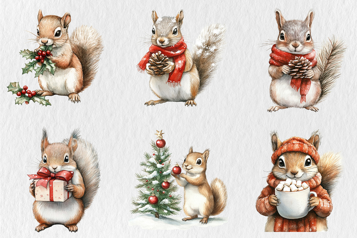 Watercolor Christmas Squirrel Clipar, a Seasonal Illustration by Rose Art (Photo 4 of 4)