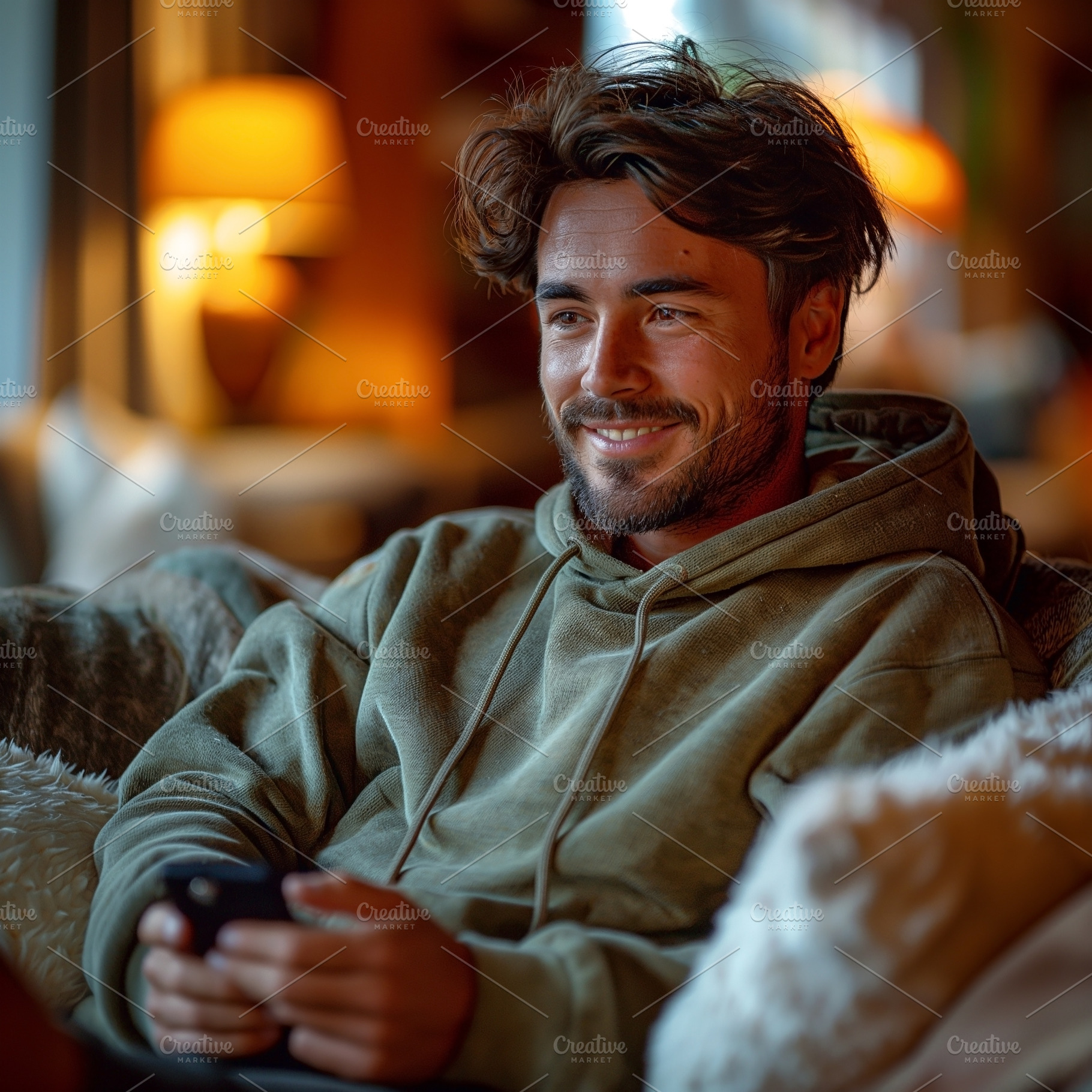 A young Caucasian man in a green hoodie relaxes on a cozy couch, smiling as he, a Person Photo by ImageMir