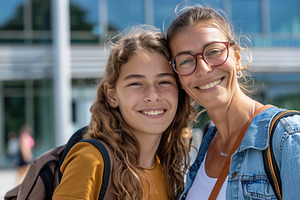 Portrait of mother and her daughter standing on blurred school b, a Person Photo by AlyaAnd