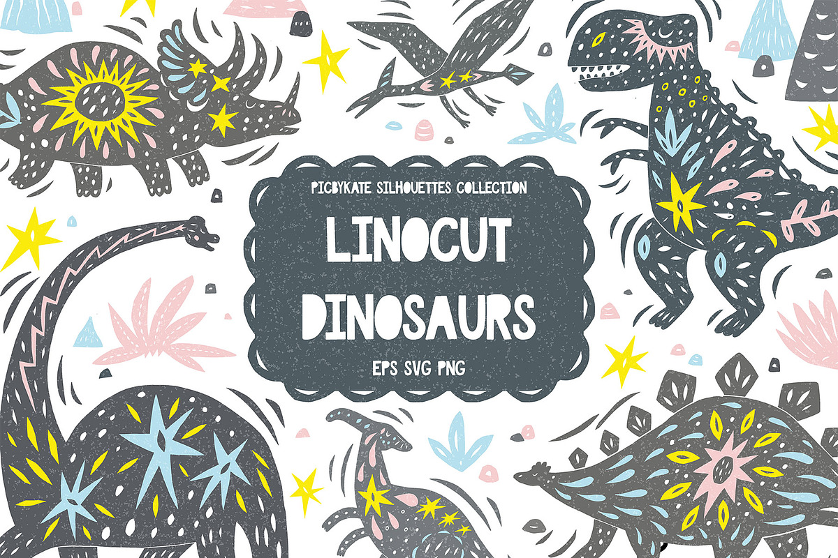 Linocut Dinosaurs Silhouettes, a Graphic by PicByKate (Photo 1 of 8)