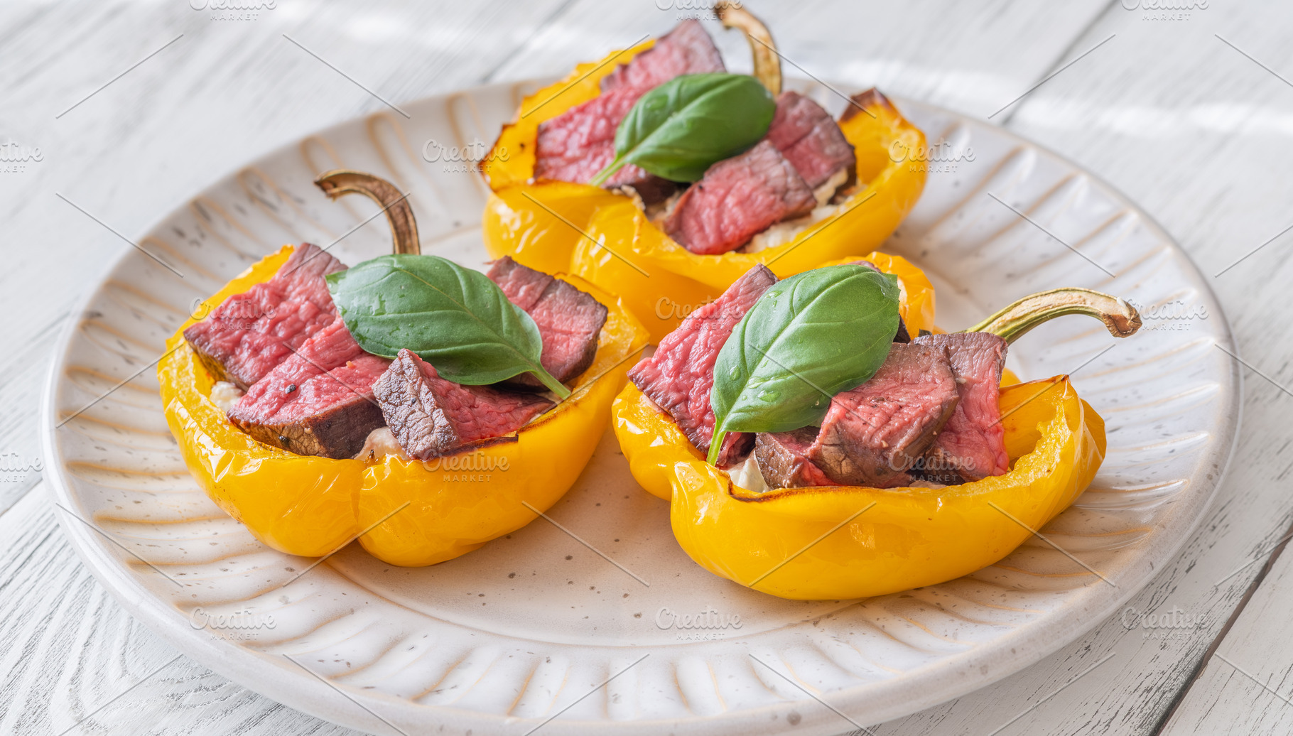 Roasted Yellow Bell Peppers Stuffed With Cream Cheese And Juicy, a Food & Drink Photo by Alexander Prokopenko