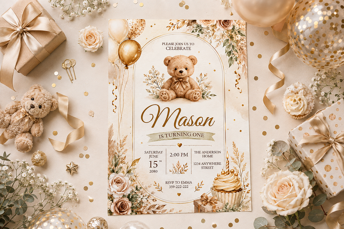 Teddy Bear First Birthday Invitation, an Invitation Template by S Graphic Studio (Photo 5 of 10)