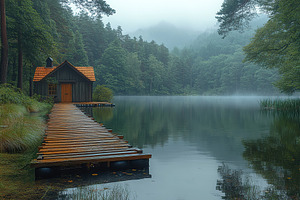 Modern wooden pier with lake view, a Nature Photo by AlyaAnd