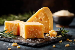 Creamy brie and grated parmesan cubes on a dark slate platter with herbs, a Food & Drink Photo by AlyaAnd