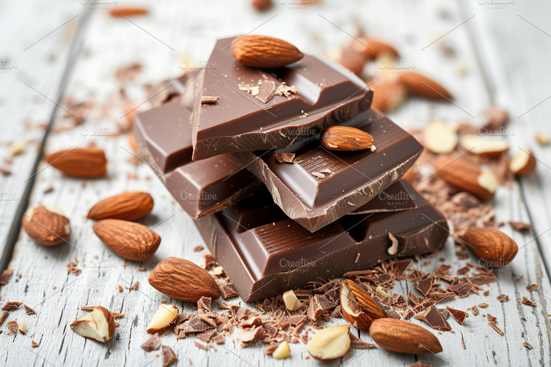 Sweet chocolate pieces with almonds on wooden background, a Food & Drink Photo by AlyaAnd