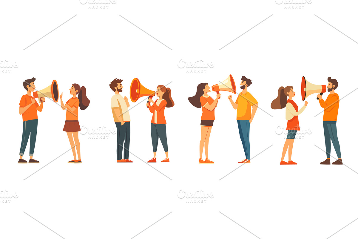 Man and woman with megaphone, a Technology Illustration by Stock-Smart-Start