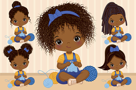 Vector Cute Black Girl Knitting