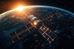 A satellite orbiting Earth with solar panels illuminated by the rising sun, sho, a Technology Photo by Textures & Backgrounds