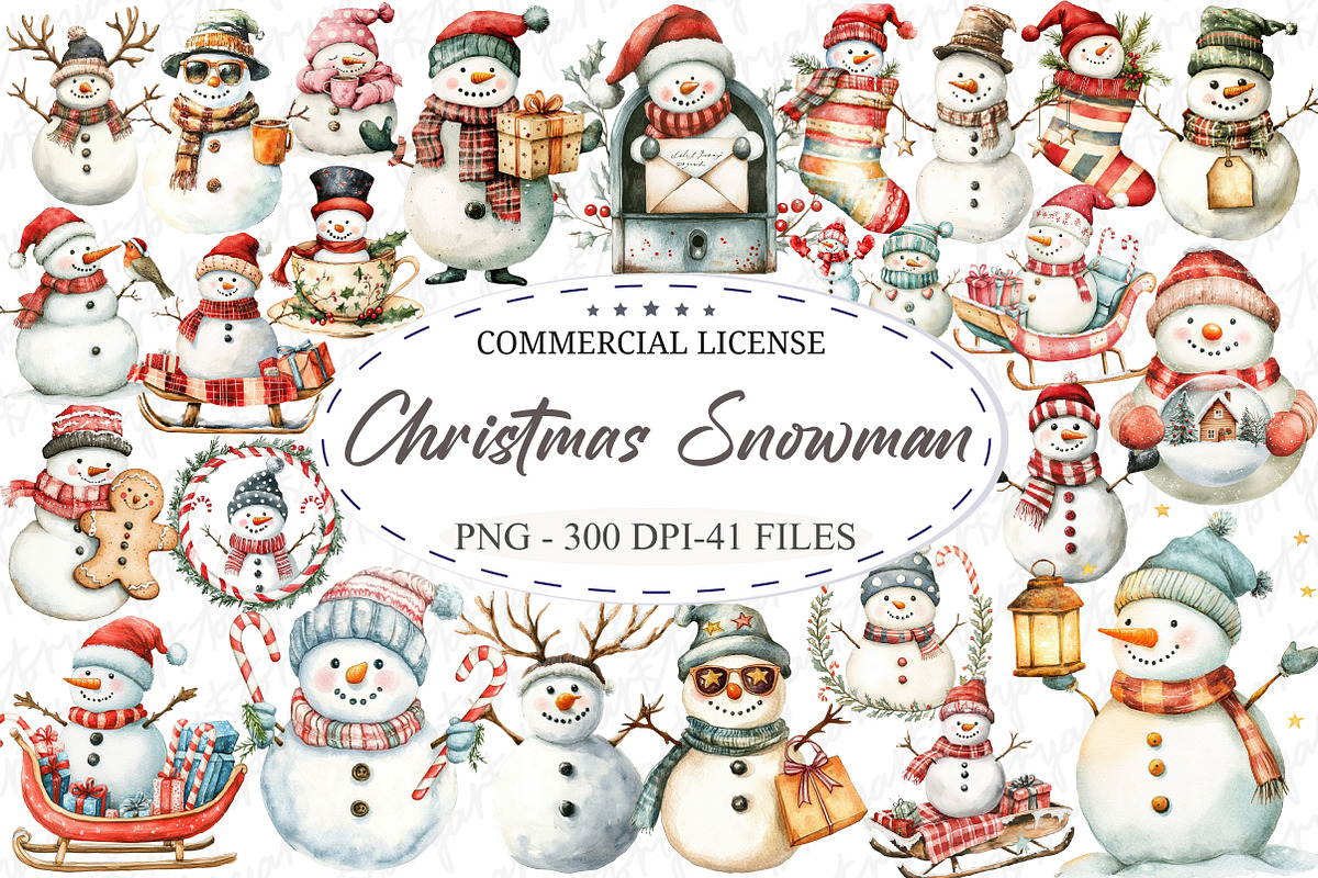 Whimsical Christmas Snowman Clipart, an Illustration by designcity5 (Photo 1 of 5)
