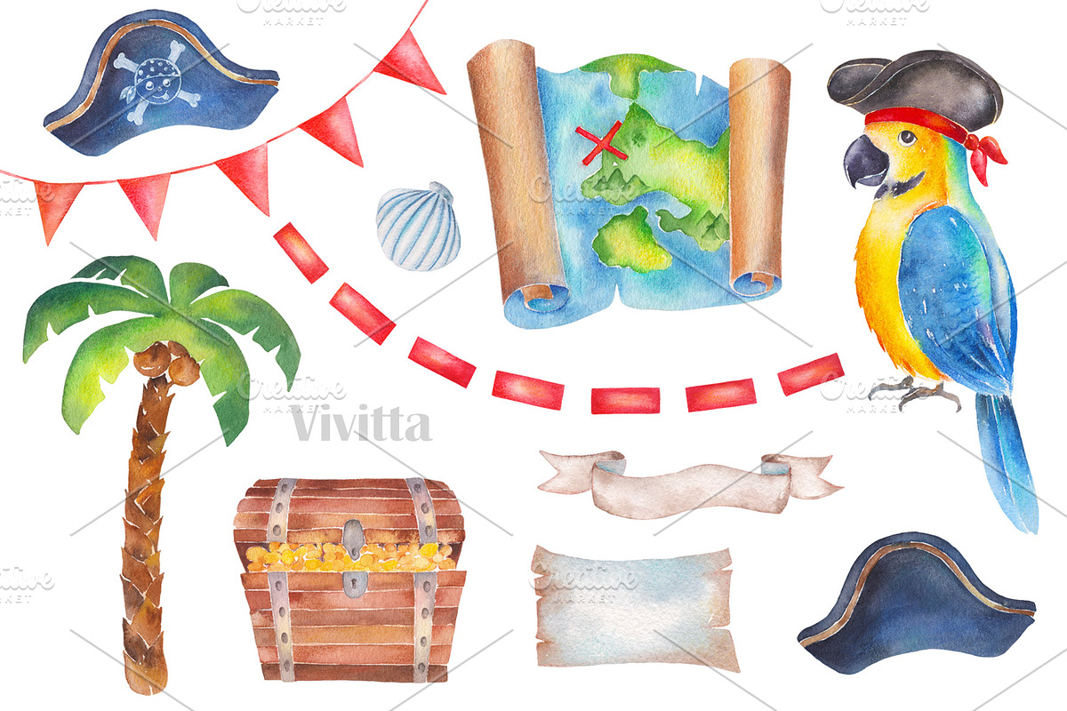 Pirates Party watercolor clipart set, an Illustration by Vivitta (Photo 4 of 5)