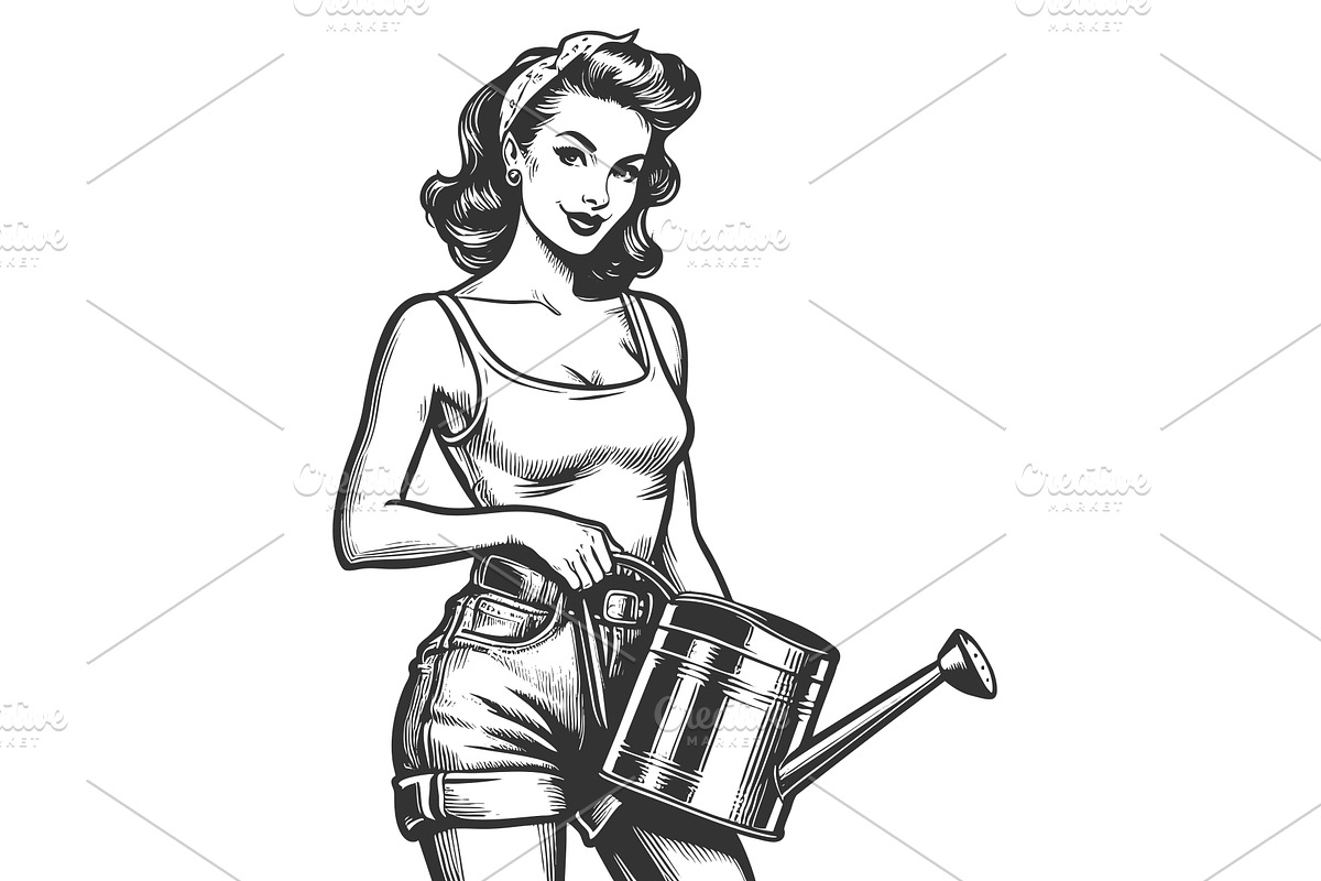 Pin-Up Girl Holding Watering Can, a Person Illustration by AlexArt