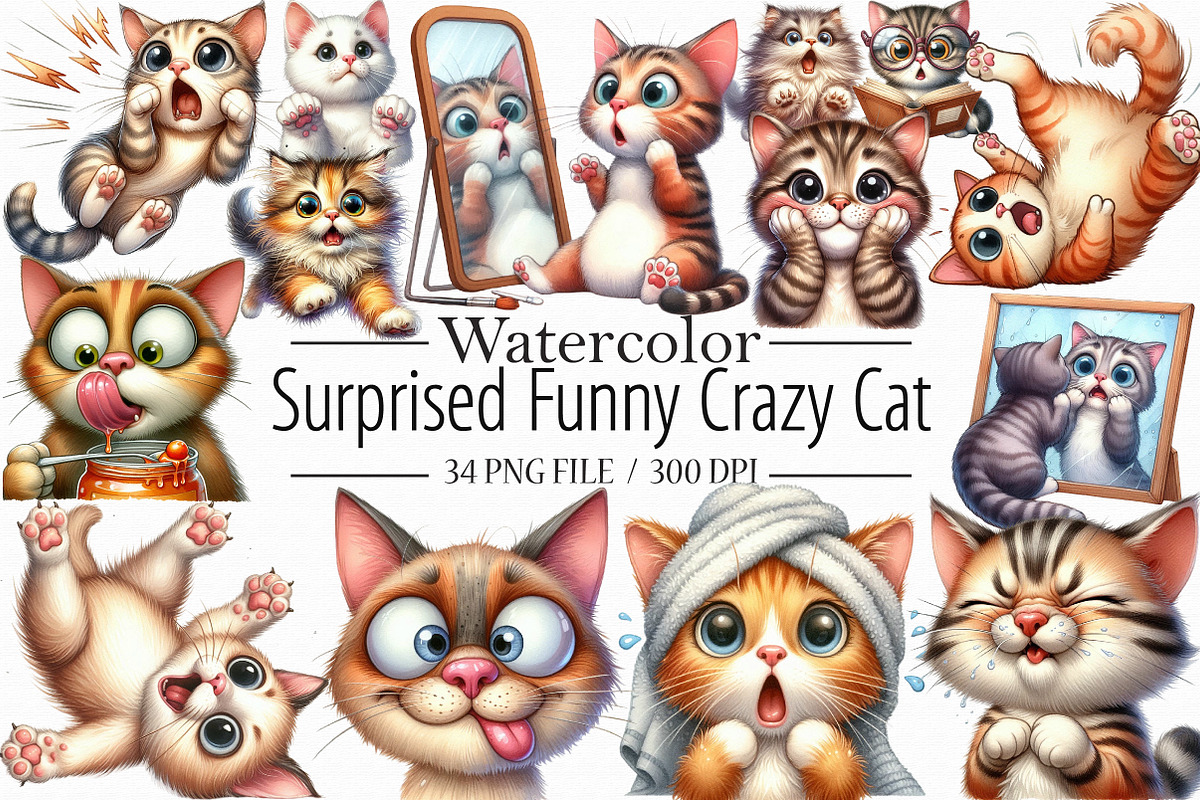 Surprised Funny Crazy Cat Clipart, an Illustration by Libby Wishes (Photo 1 of 7)