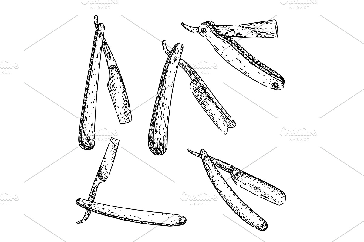 barber straight razor set sketch, an Illustration by pikepicture