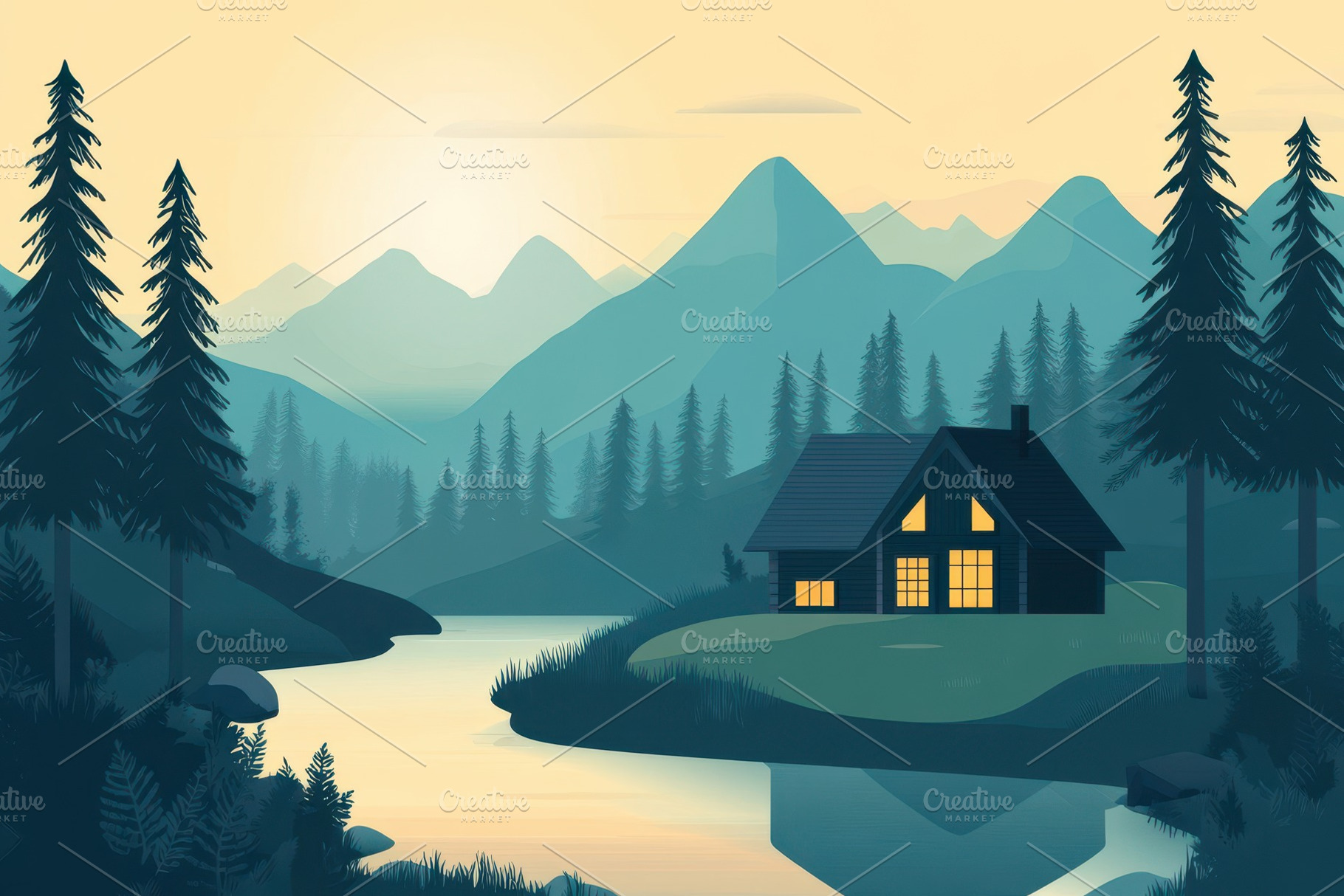 Mountain cabin surrounded by tall, a Photo by Pavel_design