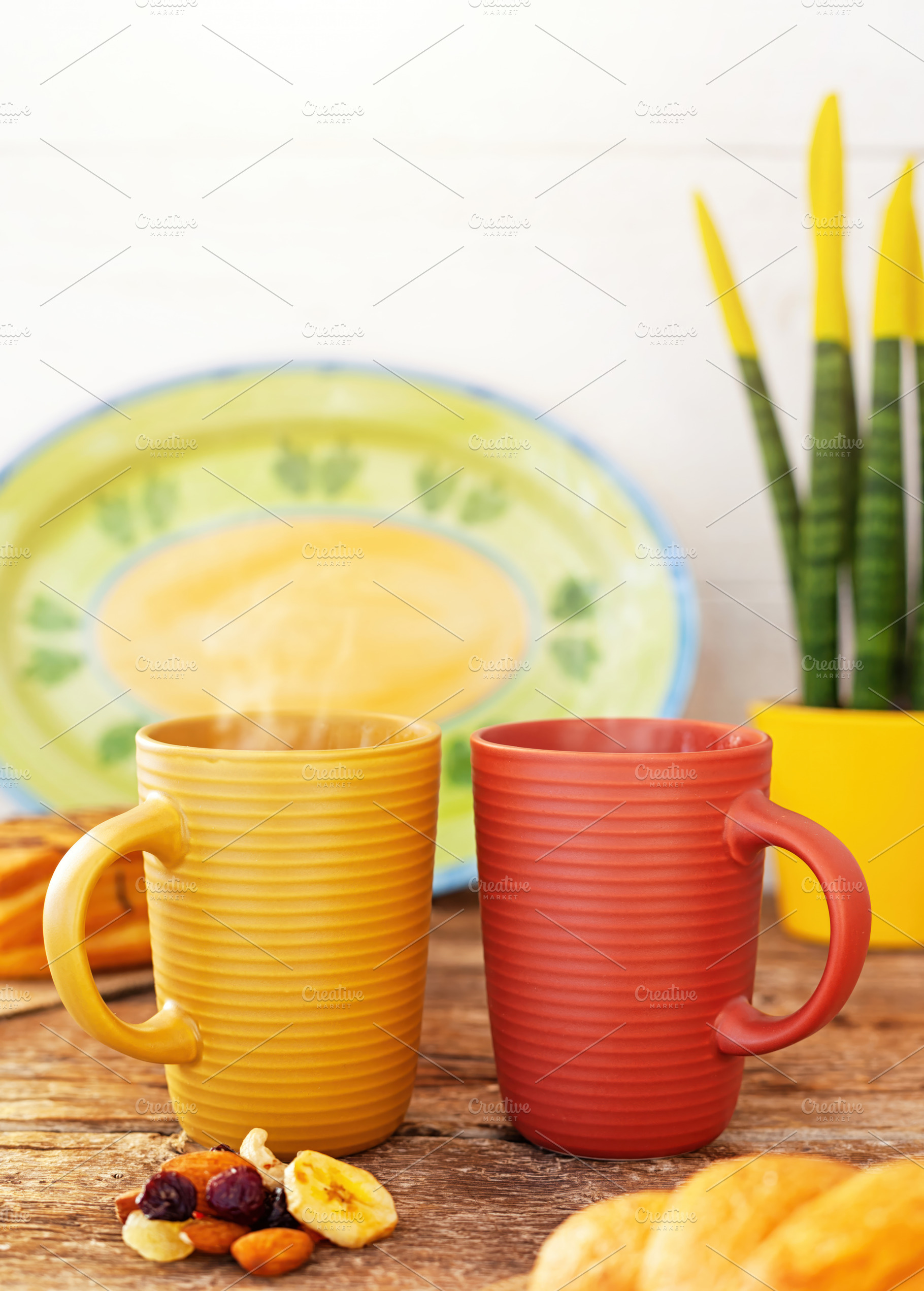 Steaming mugs inviting to a cozy and healthy breakfast, a Food & Drink Photo by Antonio Gravante Market