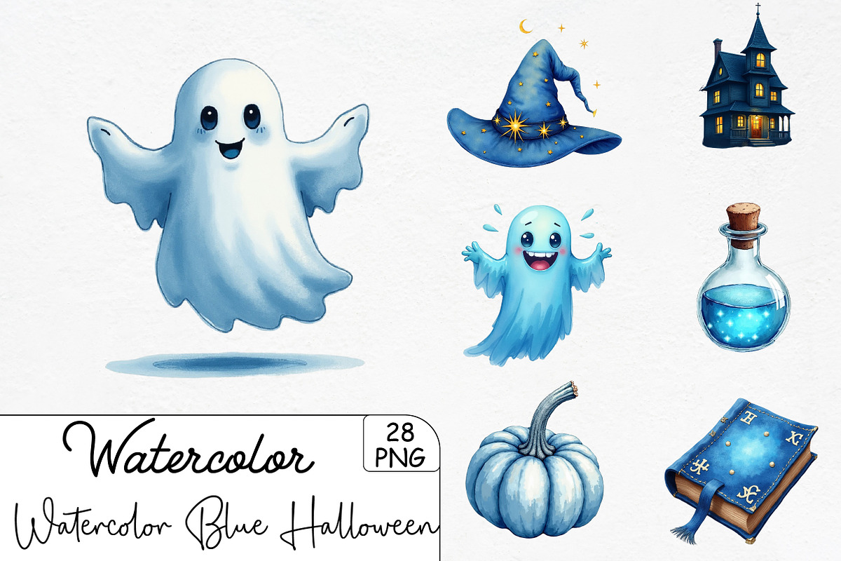 Watercolor Blue Halloween Clipart, an Illustration by CrexoraLab (Photo 1 of 5)