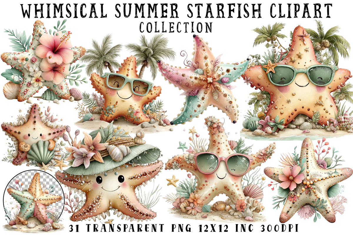 Whimsical Summer Starfish Clipart, an Illustration by OK Design (Photo 1 of 6)