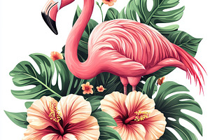 Tropical illustration of a pink flamingo standing among large gr, an Animal Photo by José Manuel Gelpi