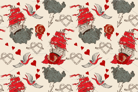 Seamless Vintage pattern with ship preview 2